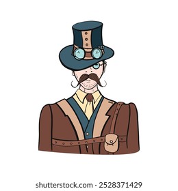 Caballero en estilo steampunk de la época victoriana. Hombre con bigote, sombrero de copa, gafas y engranajes. Accesorios vintage retro. Ficción de la moda de ciencia ficción. Ilustración vectorial dibujada aislada sobre fondo blanco