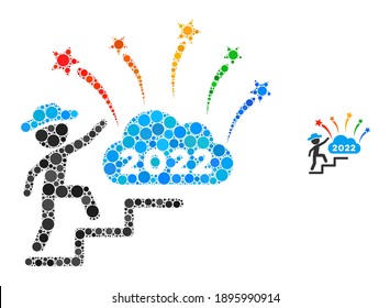 Gentleman steps to 2022 fireworks composition of dots in variable sizes and color hues. Vector round dots are composed into gentleman steps to 2022 fireworks composition.