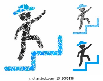 Gentleman steps upstairs composition of ragged parts in variable sizes and color hues, based on gentleman steps upstairs icon. Vector ragged items are grouped into collage.