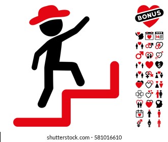 Gentleman Steps Upstairs icon with bonus romantic images. Vector illustration style is flat iconic intensive red and black symbols on white background.