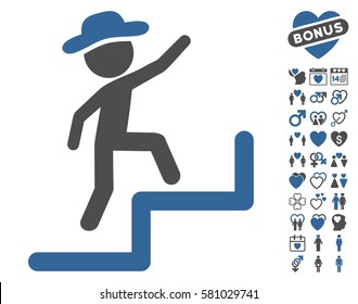Gentleman Steps Upstairs icon with bonus valentine icon set. Vector illustration style is flat iconic cobalt and gray symbols on white background.