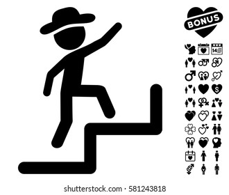 Gentleman Steps Upstairs pictograph with bonus marriage images. Vector illustration style is flat iconic black symbols on white background.