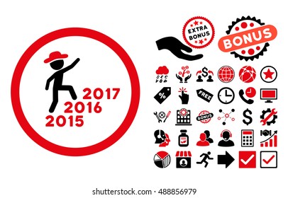 Gentleman Steps Years icon with bonus elements. Vector illustration style is flat iconic bicolor symbols, intensive red and black colors, white background.