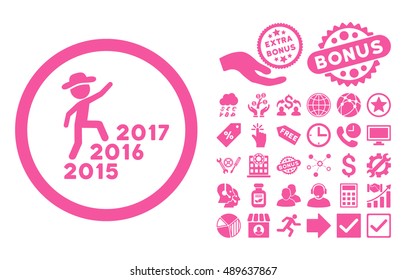 Gentleman Steps Years icon with bonus images. Vector illustration style is flat iconic symbols, pink color, white background.