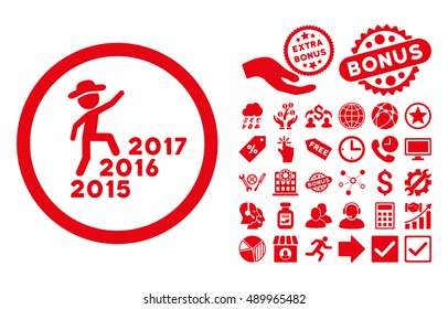 Gentleman Steps Years icon with bonus icon set. Vector illustration style is flat iconic symbols, red color, white background.