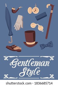 Gentleman style card or poster design with elements of old fashioned mens outfit, flat vector illustration. Vintage style banner background with gentlemen clothes.