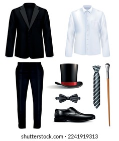 Gentleman suit and accessories realistic set with black costume white shirt hat boot ties stick isolated vector illustration