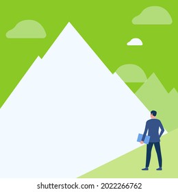 Gentleman In Suit Drawing Standing Holding Notebook Facing Tall Mountain Range. Man In Uniform Design Carrying Notepad Looking At High Peak.