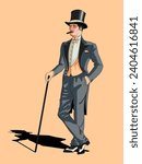 A gentleman in a suit from the early 20th century. Hand drawn vector illustration. Retro style.