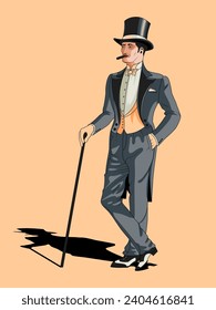 A gentleman in a suit from the early 20th century. Hand drawn vector illustration. Retro style.