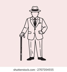 Gentleman in Anzug und Hut Holding Cane Line Art Vektorgrafik