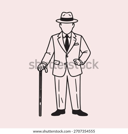 Gentleman in Suit and Hat Holding Cane Line Art vector illustration