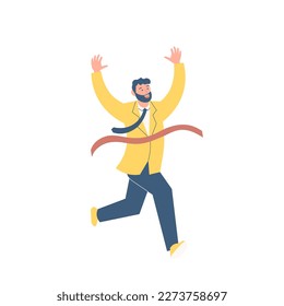 Gentleman In Suit Running Towards Finish Line Celebrating Success. Man In Uniform Crossing End Line Race Enjoying Honoring His Achievement.
