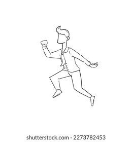 Gentleman In Suit Running Towards Finish Line Celebrating Success. Man In Uniform Crossing End Line Race Enjoying Honoring His Achievement.