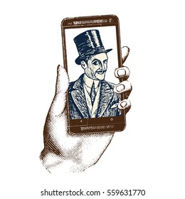 Gentleman taking selfie template with hand holding mobile with photo. Hand drawn engraving style pen crosshatch hatching paper retro vintage vector lineart illustration of the modern smartphone