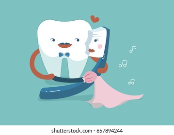Gentleman tooth is dancing with lady toothbrush ,teeth and tooth concept of dental