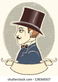 Gentleman in a top black hat.Vector vintage portrait with scroll for text