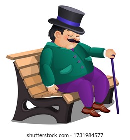 A gentleman in a top hat and with a cane is sleeping on a bench isolated on white background. Vector cartoon close-up illustration.