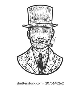 gentleman with top hat and cigar sketch engraving vector illustration. T-shirt apparel print design. Scratch board imitation. Black and white hand drawn image.