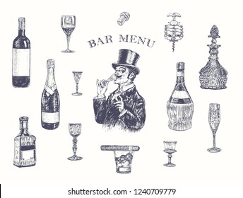 Gentleman in top hat holding a glass of alcohol drink. Hand drawn vector illustration with wine bottle, champagne, tequila, decanter, glass of whisky and cigar, stopper, stopper, corkscrew. Vintage 