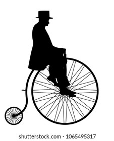 A gentleman in a top hat riding a penny farthing silhouette isolated on a white background