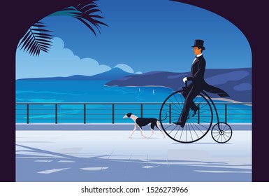 Gentleman in top hat riding vintage bike.  Luxury concept. Seaside resort