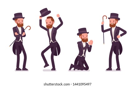 Gentleman in tuxedo jacket, negative emotions. High social rank man, fashionable dandy in classic suit, cylinder hat feeling angry. Vector flat style cartoon illustration isolated on white background