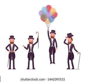 Gentleman in tuxedo jacket positive emotions with balloons. High social rank man, fashionable dandy in classic suit and cylinder hat. Vector flat style cartoon illustration isolated, white background