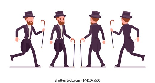 Gentleman in tuxedo jacket with tails walking, running. High social rank man, fashionable dandy in classic suit, cylinder hat. Vector flat style cartoon illustration, white background, different views