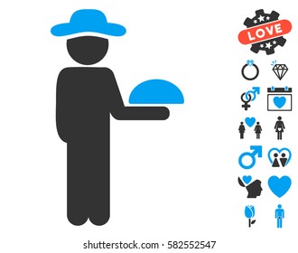 Gentleman Waiter pictograph with bonus lovely design elements. Vector illustration style is flat iconic blue and gray symbols on white background.