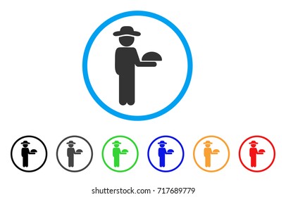 Gentleman Waiter rounded icon. Style is a flat gentleman waiter grey symbol inside light blue circle with black, gray, green, blue, red, orange color versions.