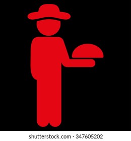 Gentleman Waiter vector icon. Style is flat symbol, red color, rounded angles, black background.