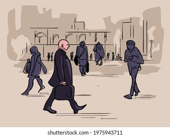 Gentleman Walking Illustration vector city scape
