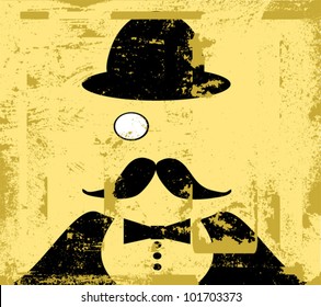 gentleman wearing bowler hat with a monocle and handlebar mustache