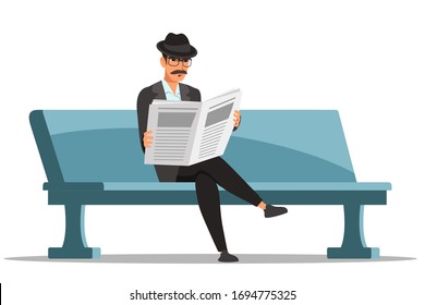 Gentleman wearing eyeglasses, suit and hat reading newspaper sitting on park bench. Businessman keeping track of news in daily paper tabloid print. Human character isolated on white background