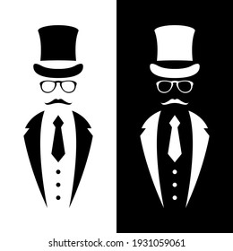 Gentleman wearing suit, retro hat, bow and glasses. Retro Tuxedo emblem. Black and white design for logo, web, banner. Vector illustration.