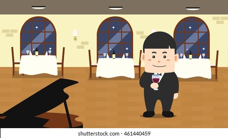 Gentleman wearing suite standing and holding a cup of red wine in his hand at Restaurant. Flat character design vector illustration. Interior deluxe restaurant with piano and  dining table.