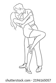 Gentleman and woman in mini dress and high heels kissing in the end of dance. Silhouette sketch of dancer man holding a woman's waist. Kissing couple