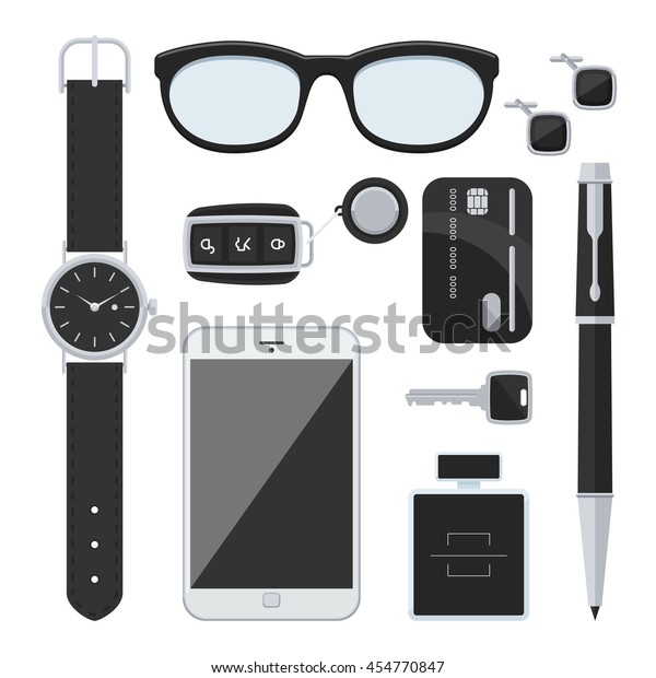 Gentlemanly set: car keys, sunglasses, watch,\
credit card, mobile, pen, perfume and cufflinks. Top view. Vector\
icons isolated on white\
background