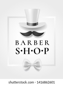 Gentlemans barber shop emblem with white tall hat, white bow tie and black mustaches