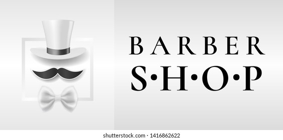 Gentlemans barber shop emblem with white tall hat, white bow tie and black mustaches