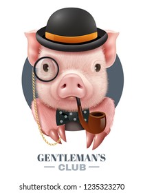 Gentlemans club vector illustration with realistic portrait of pig in bowler hat with smoking pipe and bow tie 