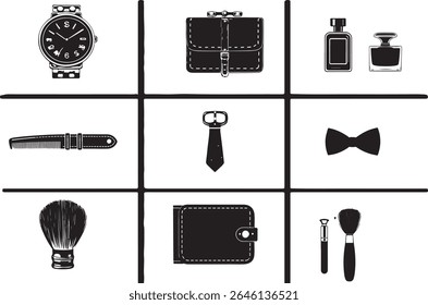 Ícones vetoriais do Gentleman's Essentials | Assista Wallet Tie Perfume Pincel Comb Bow Set