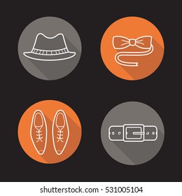 Gentleman's fashion flat linear long shadow icons set. Men's accessories. Homburg hat, butterfly tie, classic shoes, leather belt. Vector line illustration