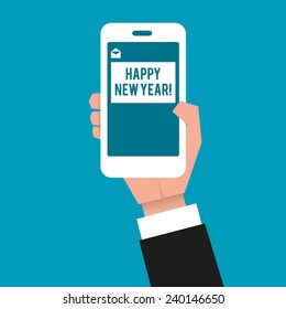 Gentleman's hand holding a smartphone displayed with an sms icon and a text: "Happy new year!". You can add your own text in the textfield. Close-up, vector illustration.