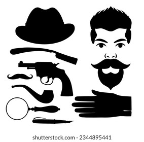 Gentleman's set. A human skull with a hipster haircut and mustache. A collection of vintage items for a real man. Vintage color engraving stylized drawing. Vector illustration