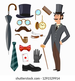 Gentleman's supply set. Hat, umbrella, gentleman, tie, glove, man etc. Vector cartoon illustration