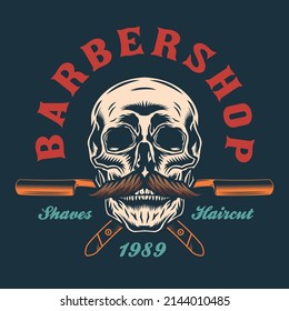 gentlemen barbershop skull with mustache and barber accessories emblem logo badge