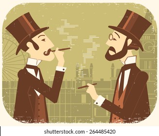 Gentlemen in bowler hats.Vintage illustration of two men smoking cigars on old paper texture