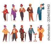 Gentlemen cartoon icons set with male aristocrats in fancy clothes isolated vector illustration